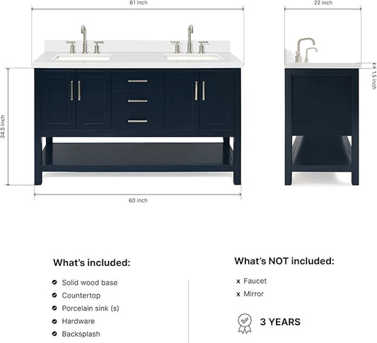 DKB Olivia 60" Midnight Blue Double Bathroom Vanity, 1.5" Pure White Quartz Countertop, Rectangular Undermount Sinks, 4 Soft Closing Doors, 3 Full Extension Dovetail Drawers
