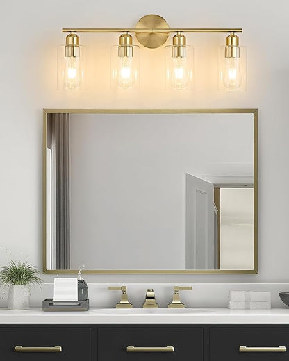4-Light Bathroom Light Fixtures, Gold Bathroom Vanity Lights, Bathroom Lighting Fixtures Over Mirror with Clear Glass Shade, Wall Sconce Light for Bedroom, Living Room and Hallway
