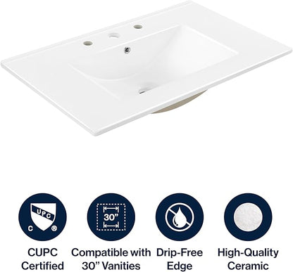 JONATHAN Y SNK1002A Ancillary 3-Hole 30 in. W x 18.25 in. D Classic Contemporary Rectangular Ceramic Single Sink Basin Vanity Top, White