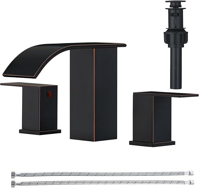 RUMOSE 8 inch Bathroom Faucets Set Oil Rubbed Bronze Bathroom Sink Faucet 3 Hole with Pop Up Drain Widespread 2 Handles Stainless Steel Lavatory Vanity Faucet Waterfall Deck Mounted