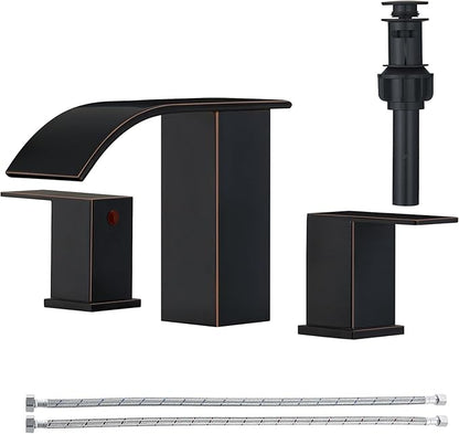 RUMOSE 8 inch Bathroom Faucets Set Oil Rubbed Bronze Bathroom Sink Faucet 3 Hole with Pop Up Drain Widespread 2 Handles Stainless Steel Lavatory Vanity Faucet Waterfall Deck Mounted
