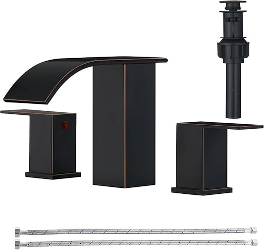 RUMOSE 8 inch Bathroom Faucets Set Oil Rubbed Bronze Bathroom Sink Faucet 3 Hole with Pop Up Drain Widespread 2 Handles Stainless Steel Lavatory Vanity Faucet Waterfall Deck Mounted