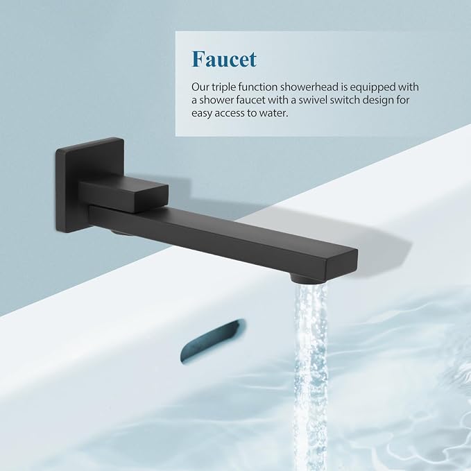 12 inch Square Shower Head and Handheld Set, Gasecoet Shower System with Tub Spout Wall Mounted Shower Faucet for Bathroom - Matte Black (With Shower Valve)