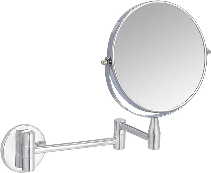 Amazon Basics Wall Mount Round Vanity Mirror with 360° Rotation, Double Sided, 1X/5X Magnification, Adjustable, 12.8"L x 10"W, Chrome