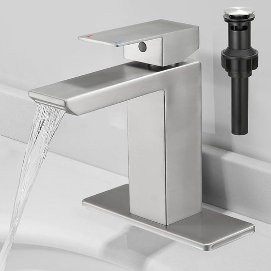 RUMOSE Brushed Nickel Bathroom Faucets Set with Pop Up Drain Single Handle Bathroom Sink Faucet 1 & 3 Hole Waterfall Spout Vanity Faucet Kit with Deck Plate RV Lavatory Basin Faucet, Stainless Steel