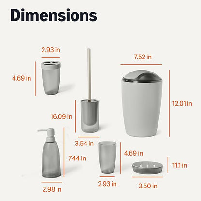 Amazon Basics Bathroom Set, 6-Piece with Toothbrush Holder, Soap Dispenser, Soap Dish, Toothbrush Cup, Trash Can, Toilet Brush and Holder, Grey