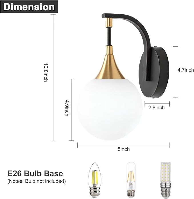 1-Light Bathroom Wall Sconce, Black and Gold Vanity Lighting | with White Milk Globe Glass Shade, Modern Wall Light Fixture for Bedroom Hallway Bathroom Kitchen