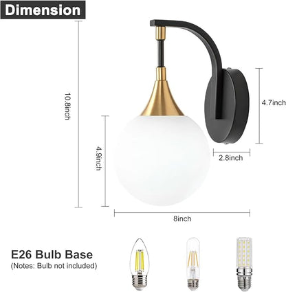 1-Light Bathroom Wall Sconce, Black and Gold Vanity Lighting | with White Milk Globe Glass Shade, Modern Wall Light Fixture for Bedroom Hallway Bathroom Kitchen