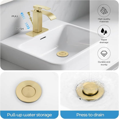 Brush Gold Bathroom Faucet with Waterfall Spout and Lift Rod Drain | SUS 304 Stainless Steel, Single Handle, 1 Or 3 Hole Sink, RV Vanity, Deck Plate, Supply Hoses, NSF372 NSF61 cUPC