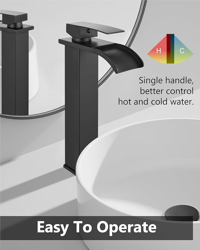 Vessel Sink Faucet Waterfall Tall Bathroom Faucet Single Handle,Single Hole Lavatory Vanity Mixer Tap with Pop Up Drain and Supply Lines,Matte Black