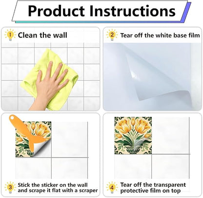 36Pcs 9 Styles Vintage Floral Peel and Stick Tile 4 x 4 Inch Colorful Tile Stickers Square Flower Pattern Waterproof PVC Decal for Kitchen Bathroom Backsplash Furniture Floor DIY Home Decor