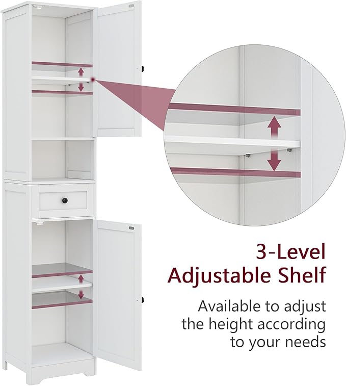Tall Bathroom Cabinet,Storage Cabinet with 5 Shelves & 1 Drawer, with Ajustable Shelve, for Bathroom, Kitchen, Entryway, Living Room(White)
