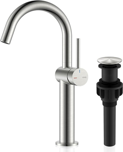 KENES Brushed Nickel Vessel Sink Faucet, Single Handle Tall Bathroom Faucet Single Hole, Modern Bathroom Vanity Faucet with Pop Up Drain and Supply Lines, KE-9005C