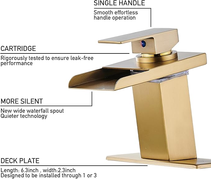 LED Bathroom Sink Faucet, Brushed Gold Waterfall Single Hole Handle Vanity Faucets for Sinks 1 Hole with Metal Pop Up Drain and 2 Water Supply Lines, Stainless Steel Spout