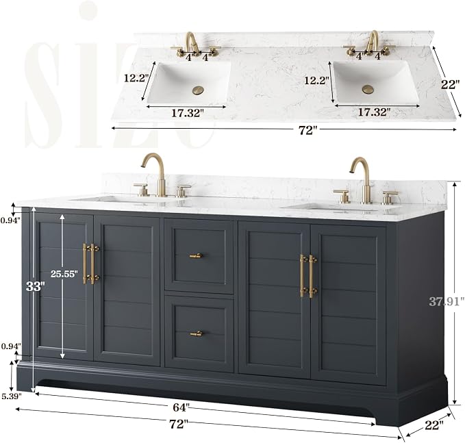Vanity Art 72 Inch Bathroom Vanity with Double Sink, Vintage Spruce Blue | Solid Wood, Ceramic Sink, Marble Top, Waterproof Backsplash, Pre-assembled, Soft-close Doors, Ample Storage, Freestanding