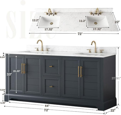 Vanity Art 72 Inch Bathroom Vanity with Double Sink, Vintage Spruce Blue | Solid Wood, Ceramic Sink, Marble Top, Waterproof Backsplash, Pre-assembled, Soft-close Doors, Ample Storage, Freestanding