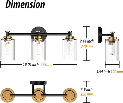 Bathroom Lighting Fixtures Black and Brass Bathroom Vanity Light with Cylindrical Clear Stripes Glass Lampshade E26 Socket Base Bathroom Lighting Fixtures Over Mirror (3 Lights)