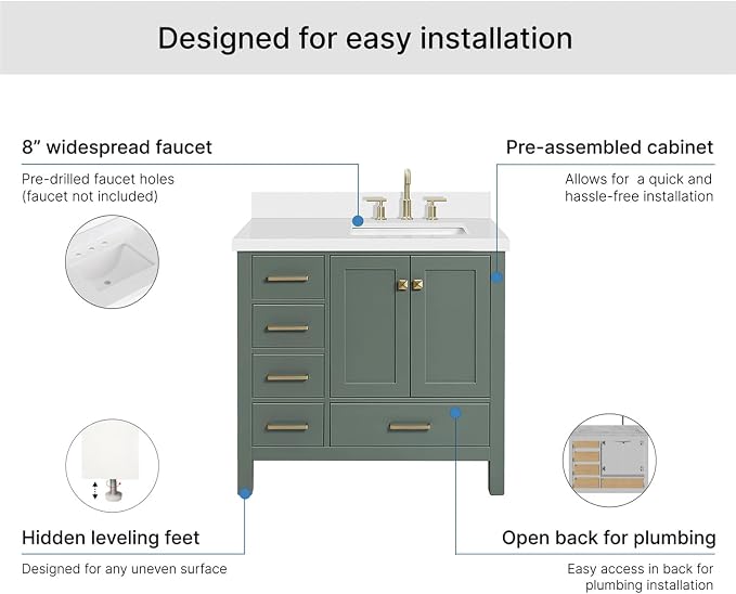 ARIEL Cambridge 36-inch Bathroom Vanity with Sink,Solid Wood, 1.5-inch Pure White Quartz Countertop, Single Rectangular Porcelain Sink, 2 Soft Closing Doors, 5 Dovetail Drawers, Vintage Green