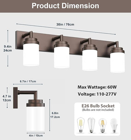 Bathroom Light Fixtures, Oil Rubbed Bronze Bathroom Lighting Fixtures Over Mirror, Modern Vanity Light with White Glass Shade, Restroom Lighting Fixtures, 4-Light 30-inch