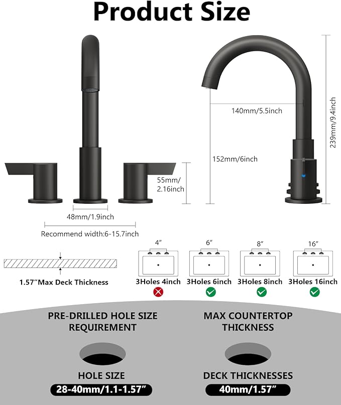 Bathroom Sink Faucet 3 Hole 8 Inch Widespread 2-Handle Vanity Faucet SUS304 Stainless Steel with Pop-Up Drain and Supply Lines Matte Black