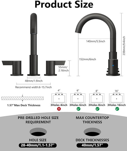 Bathroom Sink Faucet 3 Hole 8 Inch Widespread 2-Handle Vanity Faucet SUS304 Stainless Steel with Pop-Up Drain and Supply Lines Matte Black