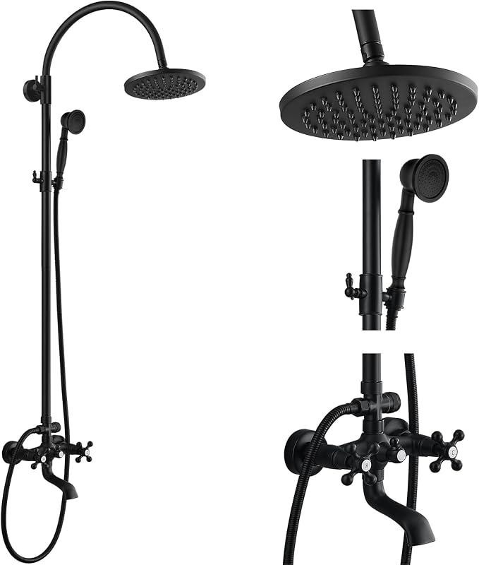gotonovo Exposed Shower Faucet with Spout Matte Black,Curved Pipe | Brass Bathroom Exposed Shower System,8’’ Rain Head,Swivel Tub Spout 2 Cross Handle,Adjustable Handheld Sprayer,Wall Mount