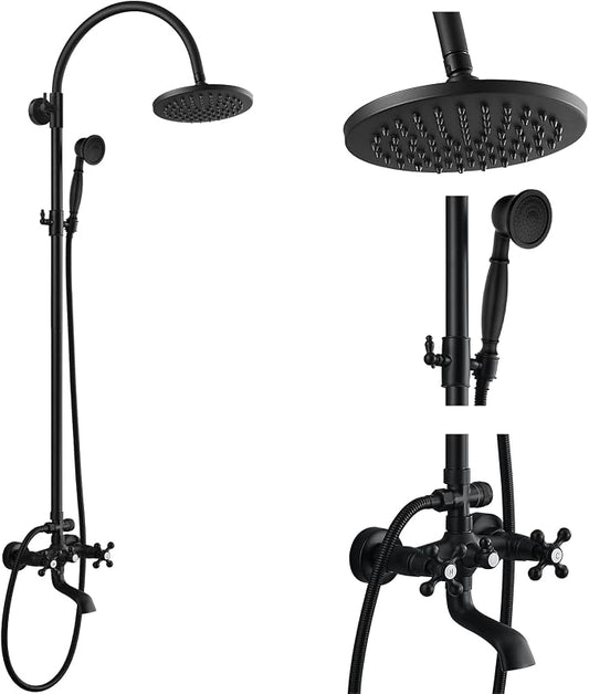 gotonovo Exposed Shower Faucet with Spout Matte Black,Curved Pipe | Brass Bathroom Exposed Shower System,8’’ Rain Head,Swivel Tub Spout 2 Cross Handle,Adjustable Handheld Sprayer,Wall Mount