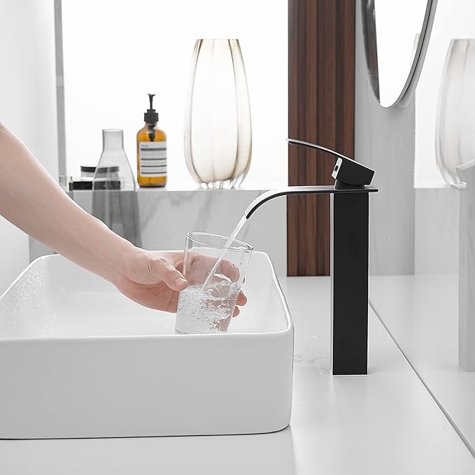 BWE Vessel Sink Faucet Modern Waterfall Matte Black Single Hole Bathroom Faucet Single Handle with Pop up Drain Without Overflow Assembly Vanity Basin Bath Sink Faucets Mixer Tap