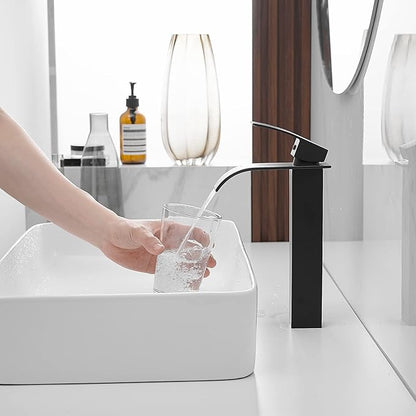 BWE Vessel Sink Faucet Modern Waterfall Matte Black Single Hole Bathroom Faucet Single Handle with Pop up Drain Without Overflow Assembly Vanity Basin Bath Sink Faucets Mixer Tap