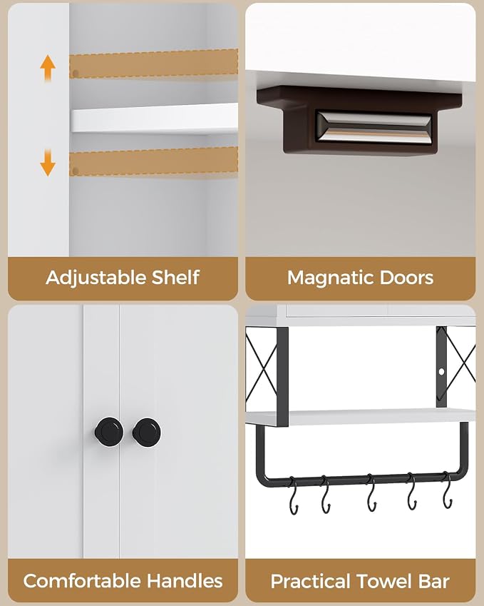 Bathroom Wall Cabinet, White Medicine Cabinet with Towel Rack | 2 Doors & Adjustable Shelves 2 Hooks, above toilet storage cabinet, for Bathroom Laundry Room, Living, Kitchen UXYYG024W