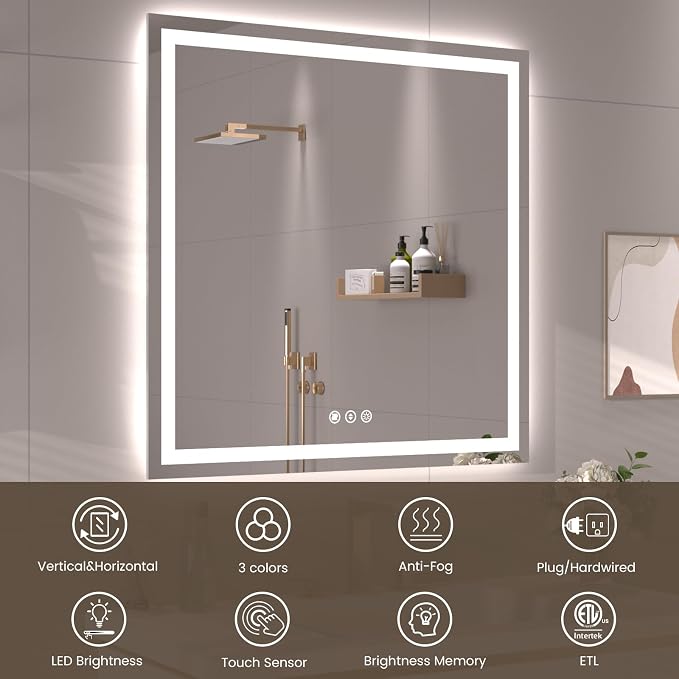 Snowdool 40 x 28 in LED Bathroom Mirror, Front and Backlit, Anti-Fog | Front and Backlit, 3 Color Temperatures, Anti-Fog, Tempered Glass