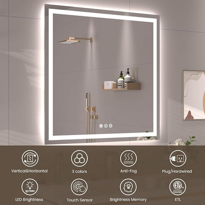 Snowdool 40 x 28 in LED Bathroom Mirror, Front and Backlit, Anti-Fog | Front and Backlit, 3 Color Temperatures, Anti-Fog, Tempered Glass