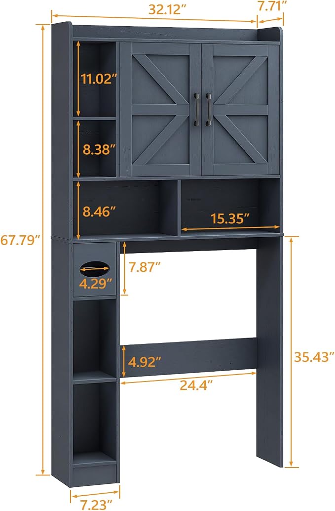 Vabches Over The Toilet Storage Cabinet with 2 Barn Doors, Blue | Farmhouse Storage Cabinet with Toilet Paper Holder Stand，Home Space-Saving Toilet Rack, for Bathroom, Restroom, Laundry