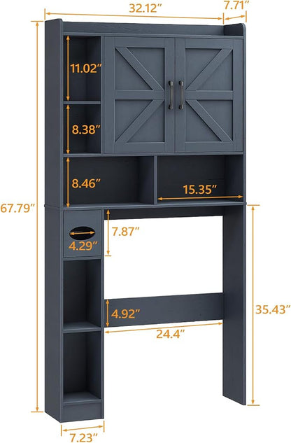 Vabches Over The Toilet Storage Cabinet with 2 Barn Doors, Blue | Farmhouse Storage Cabinet with Toilet Paper Holder Stand，Home Space-Saving Toilet Rack, for Bathroom, Restroom, Laundry