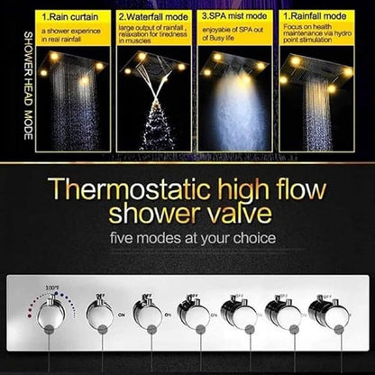 CASCADA 23"x31" LED Shower System with Handheld Shower | 6 Functions (Rainfall, Waterfall, Curtain, Misty, Body Jets & Handheld) | 7 Knob Valve (Non Music, Polished Stainless Steel)