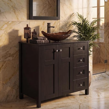 32'' Bathroom Vanity with Sink, Modern Bathroom Cabinet, Black | 2 Soft-Close Cabinet Doors, 4 Drawers, 2-Tier Inner Shelf, Freestanding Large Storage Cabinet, Brown Leaf Glass Sink