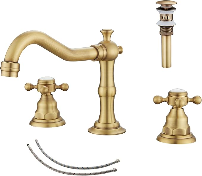 GGStudy 2 Handles 3 Holes Faucet Widespread Bathroom Sink Faucet Antique Brass Basin Tap Mixer Supply Hose Included Matching Metal Pop Up Drain