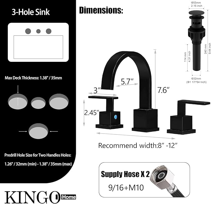 KINGO HOME Matte Black Bathroom Faucet, Black Faucet Bathroom 3 Hole 8inch Widespread Waterfall 2 Handle Black Faucets Bathroom Sink Vanity Faucet with Pop Up Drain and Supply Lines