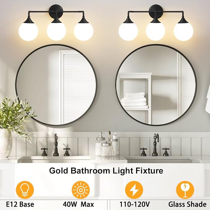 Black Bathroom Light Fixtures Over Mirror Vanity 3-Light | Mid Century Modern Matte Black Wall Sconce with Milky White Glass Ball Shades for for Bathroom Dressing Table Bedroom
