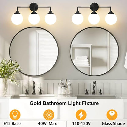 Black Bathroom Light Fixtures Over Mirror Vanity 3-Light | Mid Century Modern Matte Black Wall Sconce with Milky White Glass Ball Shades for for Bathroom Dressing Table Bedroom