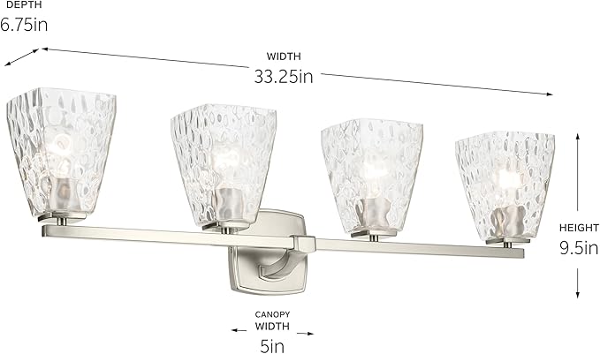 Kichler Marant 33.25" 4-Light Vanity Light with Clear Water Glass in Brushed Nickel, for Bathroom, Powder Room, Over a Mirror, (33.25" W x 9.5" H), 55217NIWTR