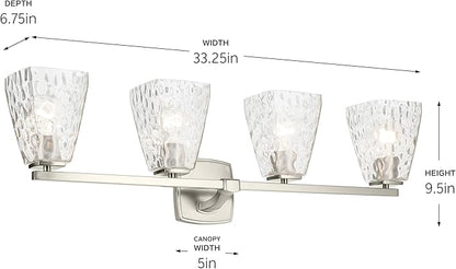 Kichler Marant 33.25" 4-Light Vanity Light with Clear Water Glass in Brushed Nickel, for Bathroom, Powder Room, Over a Mirror, (33.25" W x 9.5" H), 55217NIWTR