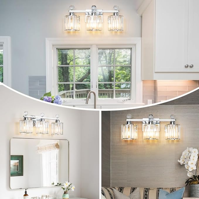 Modern Crystal Bathroom Vanity Light, 3-Lights Bathroom Light Fixtures, Chrome Vanity Light Fixtures over Mirror, Easy Installation & Dimmable Lighting, Crystal Wall Light Fixtures for Bathroom