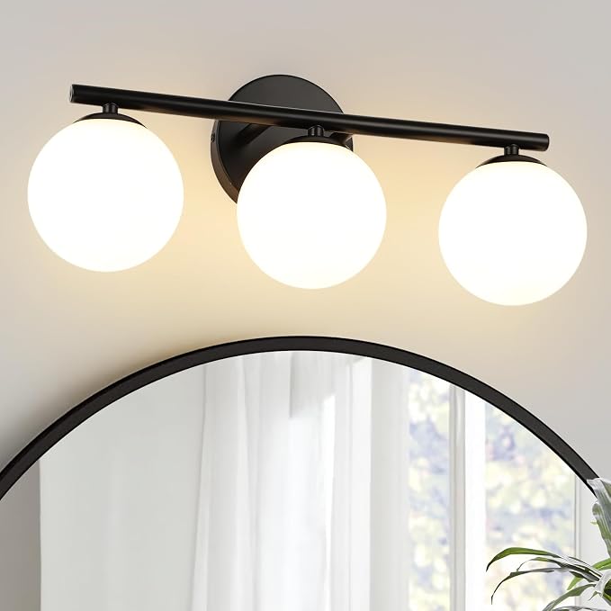foucasal Black 3-Light Globe Bathroom Vanity Light Fixture Over Mirror | G9 Socket, Plastic Milk Globe Shades, 4.72" Base, 10W Max, Adjustable Up/Down Light, Mid Century Style for Bathroom Bedroom