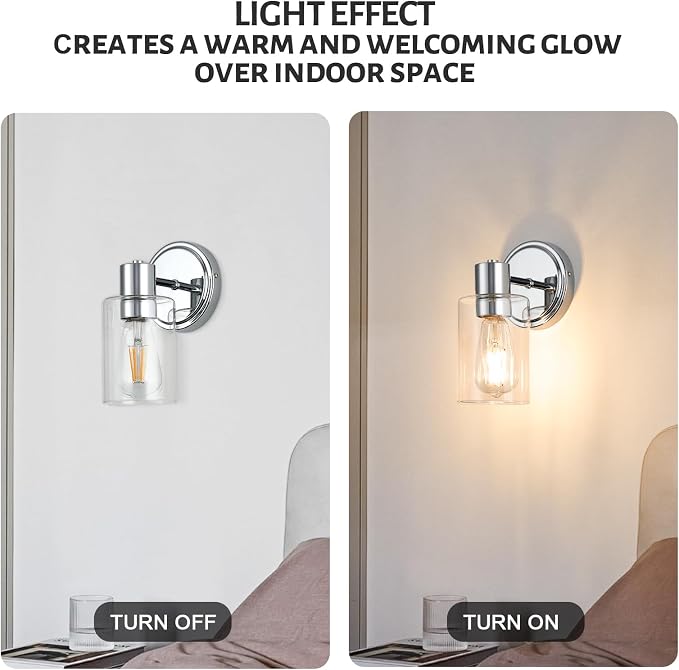 2 Light Bathroom Wall Sconce Light Fixtures with Clear Glass Bathroom Wall Lights Over Mirror Vanity Lights Chrome with E26 Base