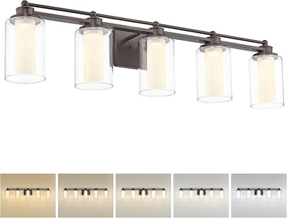 HWH 5-Light Bathroom Vanity Light Fixture, Clear Glass, 5HLT63B-5W-LED ORB | Dimmable, 5CCT, Oil-Rubbed Bronze, 30W, Bathroom Lights Over Mirror, Vanity Lights, Smooth LED Brightness Adjustment