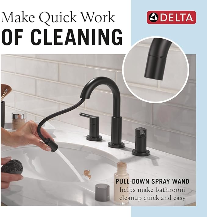 Delta Nicoli Matte Black Bathroom Faucet with Sprayer, 8 Inch 3 Hole Widespread Bathroom Sink Faucet with Pull Out Sprayer, Push-Pop Drain, Matte Black 35749LF-BLPD