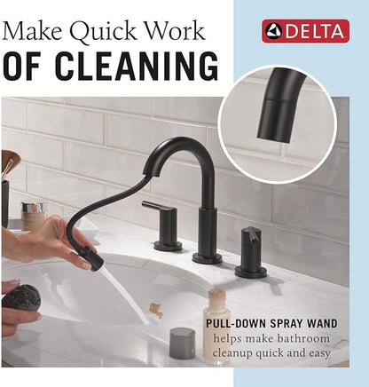Delta Nicoli Matte Black Bathroom Faucet with Sprayer, 8 Inch 3 Hole Widespread Bathroom Sink Faucet with Pull Out Sprayer, Push-Pop Drain, Matte Black 35749LF-BLPD