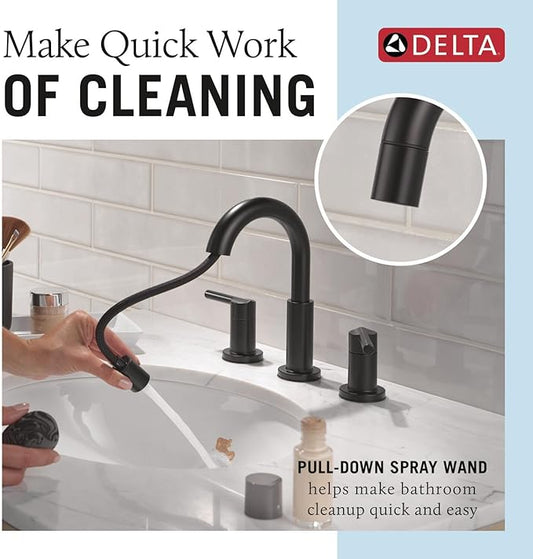 Delta Nicoli Matte Black Bathroom Faucet with Sprayer, 8 Inch 3 Hole Widespread Bathroom Sink Faucet with Pull Out Sprayer, Push-Pop Drain, Matte Black 35749LF-BLPD