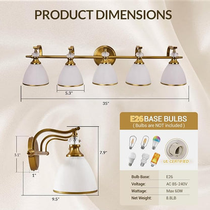 Gold Bathroom Light Fixture, 5-Light Bathroom Wall Sconces, 35 inch Brass Vanity Light with Milky White Frosted Glass Shade, Large Vintage Wall Lights for Spacious Rooms